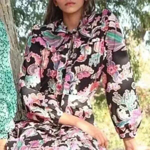 NEW Banjanan Bethany Tie Neck Ruffle Top Rococo Fantasy Bird Tropical Bohemian
